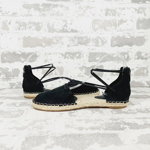 NEW Eileen Fisher Leather Elastic Lace Up Black Espadrilles E391